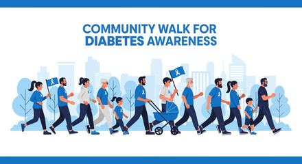 Diverse community walks together for diabetes awareness, promoting health and support in a vibrant urban setting.