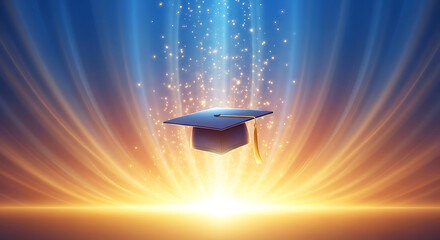 A glowing horizon, with a floating graduation cap, radiant sparks, and blue-orange light; dawn glow