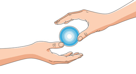 Generous hands exchange a glowing blue orb, symbolizing trust, shared knowledge, and the transfer of ideas for innovative solutions.