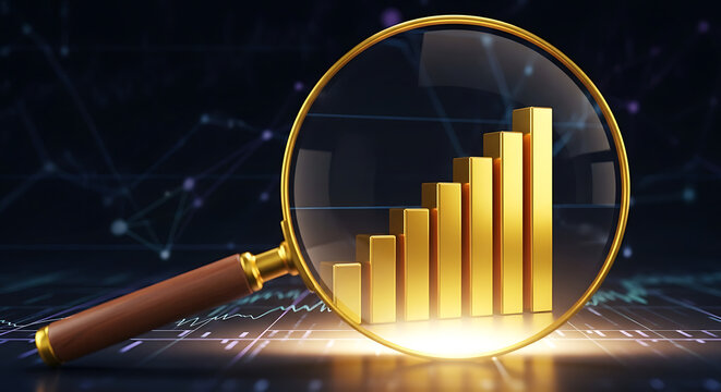 Magnifying glass hovers over a glowing gold bar graph amid a digital network, signaling growth. now