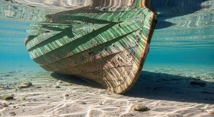 A green and brown wooden boat with a worn and weathered appearance, floating on the surface of a calm blue ocean with a sandy bottom.