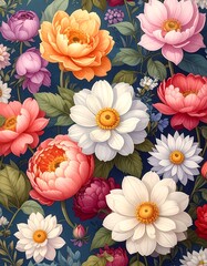 Close-up of vibrant floral arrangement with diverse blossoms and leaves