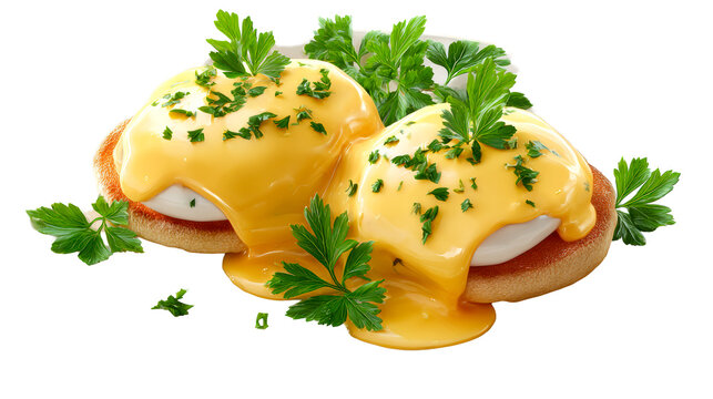 Two Eggs Benedict on Plate with Hollandaise and Parsley - Powered by Adobe