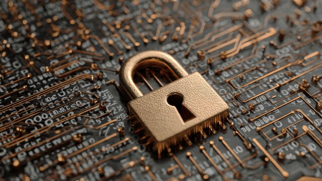 Golden padlock rests on a complex electronic circuit board with glowing orange circuits and text - Powered by Adobe