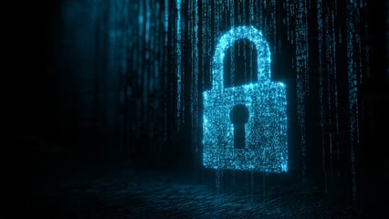 Glowing blue digital padlock icon formed by binary code data streams against a dark background