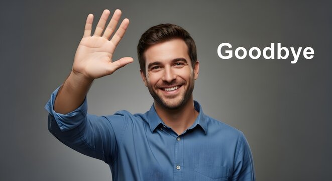 A cheerful man with a friendly smile waves goodbye, offering a warm and welcoming gesture against a neutral backdrop, conveying a sense of departure and connection