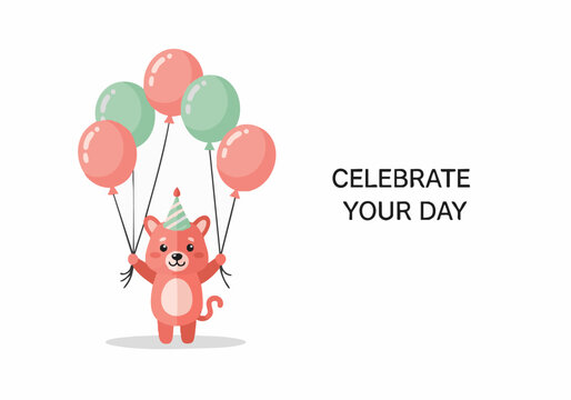 Adorable cartoon cat holding balloons, celebrating a special occasion with festive cheer.