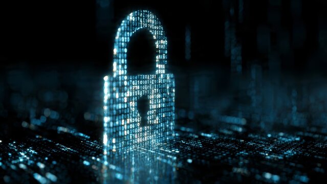 Glowing digital padlock formed by binary code illuminates a dark futuristic background