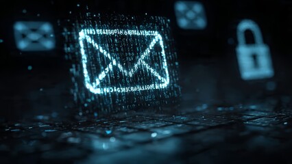 Digital envelope icon and lock symbol illuminated by neon blue light against a dark abstract background