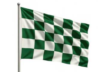 Green and white checkered flag waving on a pole, symbolizing victory, finish line, racing, and sport events