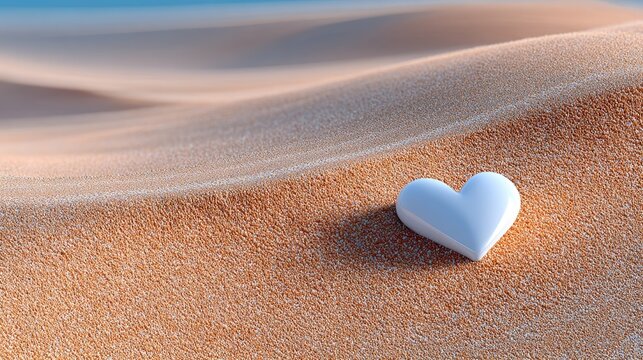 A smooth white heart shape rests on golden sand dunes under a clear blue sky with gentle waves of sand creating soft shadows and highlights.