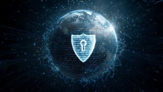 Digital globe with binary code and glowing shield icon representing global data security and network protection - Powered by Adobe