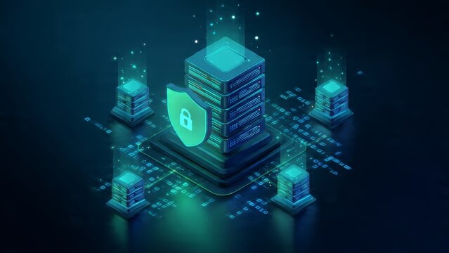 Network security data protection server rack with shield icon digital abstract