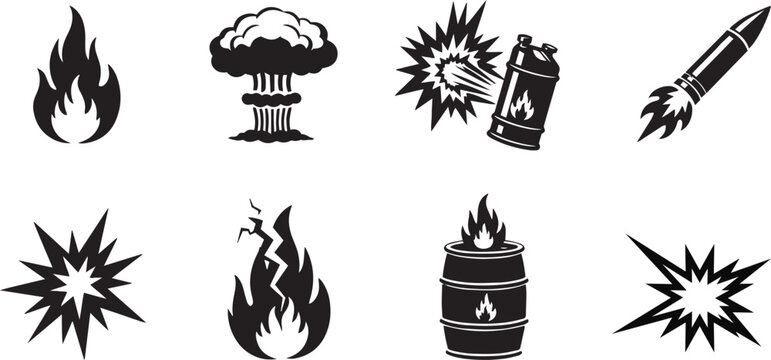 Fire and Explosion Hazard Symbols Set flame mushroom cloud