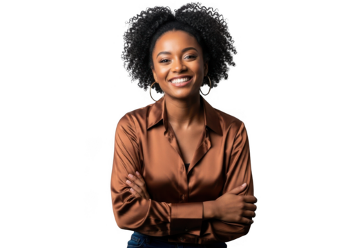 Smiling woman with arms crossed isolated on transparent background - Powered by Adobe