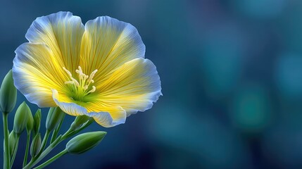 Close up Macro Photo Of A Delicate Soft Yellow Flower In Full Bloom With Green Buds Against A Deep Blue Blurred Bokeh Background Subtle Lighting Highlights Petal Texture
