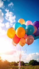 Naklejka premium Colorful balloons floating against blue sky with sunlight and transparent background