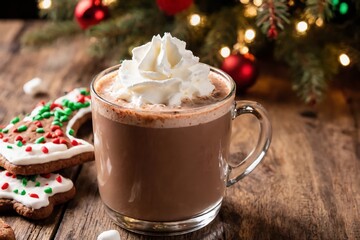A festive hot chocolate with whipped cream next to a cheerful gingerbread man cookie in a cute teal mug.
