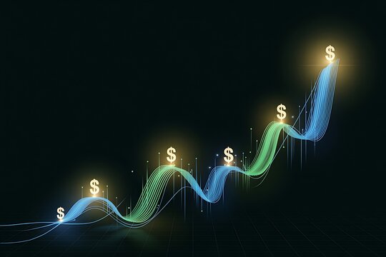 Abstract financial growth curve with glowing dollar symbols and light trails on a dark grid finance
