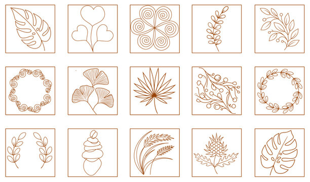 Elegant vector set of floral and abstract line art icons featuring leaves, branches, spirals, and botanical shapes in minimalist style, perfect for modern branding, packaging, and decorative designs - Powered by Adobe