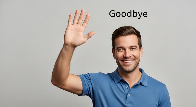 A smiling man in a blue polo shirt waving goodbye with the word 'Goodbye' appearing above his head in a friendly gesture against a plain light gray background