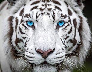 Close-up of a white animal with striking blue eyes, facing forward