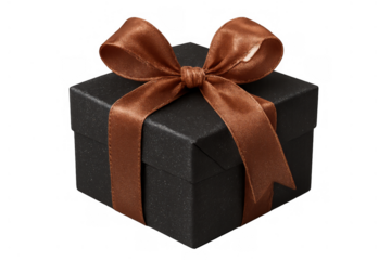 Black gift box with brown ribbon and bow, symbolizing celebration, surprise, and luxury, transparent background