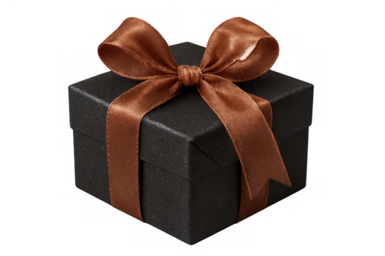 Black gift box with brown ribbon and bow, symbolizing celebration, surprise, and luxury, transparent background