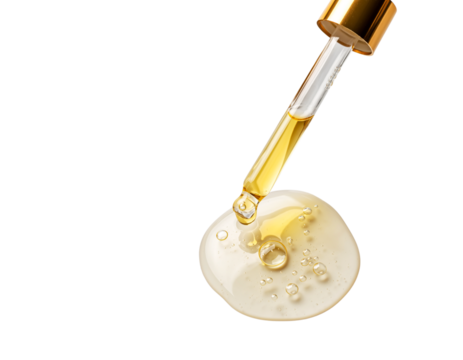 Two golden oil dropper and smooth oil pool variations bundle isolated on transparent background.png