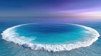 Drone aerial view of a bright turquoise circular reef formation in the deep blue ocean with foamy white waves breaking under a soft purple and orange twilight sky