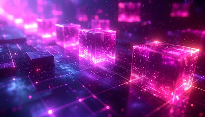 Glowing digital cubes with data streams in a dark purple environment