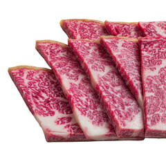 Exquisite Sliced Meat: A close-up shot of thinly sliced meat showcases its exquisite marbling and vibrant color, promising a culinary delight.