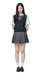 School Uniform Beauty: A young woman, adorned in a classic school uniform, strikes a pose, exuding an air of sophistication, youth, and confidence. The attire signifies education, ambition.