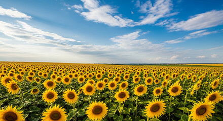Obraz premium Vast Sunflower Field Under a Blue Sky with White Clouds 