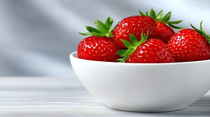 A Bowl of Ripe Red Strawberries with Green Stems and Leaves on a White Ceramic Bowl with a Blurred Light Gray Background and Streaks of Light