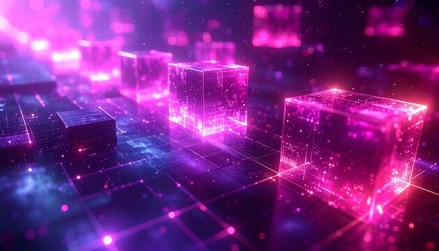 Glowing digital cubes with data streams in a dark purple environment - Powered by Adobe