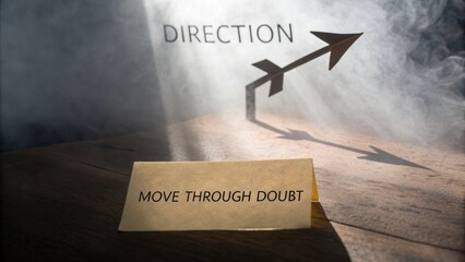 Inspirational message about overcoming doubt and finding direction in life with arrow and foggy background