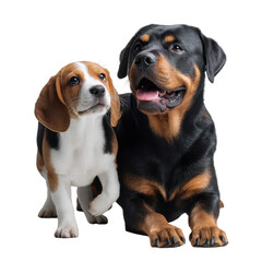 Loyal Companions: Beagle and Rottweiler: A heartwarming portrait of a beagle puppy and a majestic rottweiler, showcasing the unique bond between two dogs.