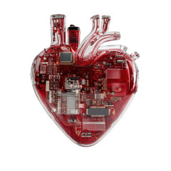 Artificial Heart: A transparent heart-shaped device, a fusion of technology and biology, filled with blood-red fluid and intricate circuit boards, symbolizing innovation in medical science.