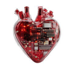 Technological Heart: A stylized depiction of a human heart integrated with circuit board, symbolizing the fusion of technology and biology and health.