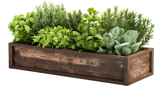 Herbal plants in rustic wooden planter box
