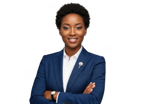 Professional black woman in blue suit isolated on transparent background