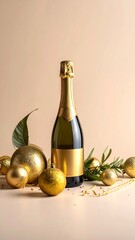 Champagne bottle with golden decorations and confetti, against a beige background