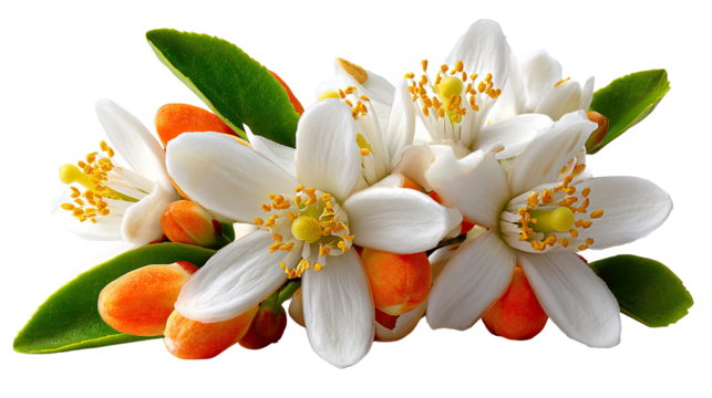 Orange Blossom Cluster: A close-up view unveils a delicate cluster of vibrant orange blossoms, with each petal carefully unfurling to reveal a hint of golden anthers. 