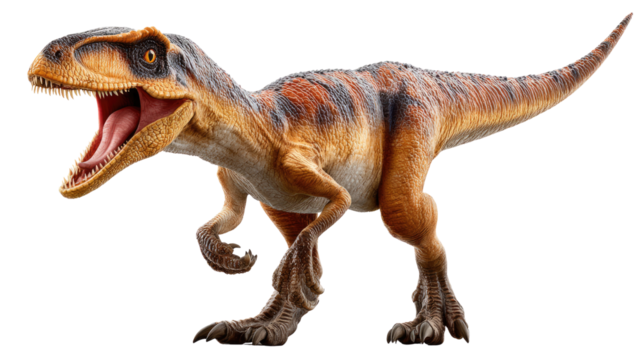 Prehistoric Predator in Action: A fierce carnivorous dinosaur stands poised, mouth agape, ready to strike, its powerful form a testament to the primal forces of the ancient world.