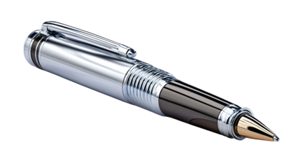Elegant Pen on a Surface: A close-up view of a sleek, sophisticated writing instrument, showcasing its metallic gleam and precision design. This pen signifies craftsmanship, quality.