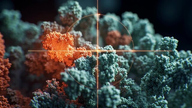 A close up of a plant with a red spot in the center. Macro shot molecular target tagging marker emitting low intensity glow signalling correct location match, targeted drug delivery