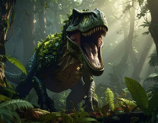 Large dinosaur, covered with foliage, roars in a sun-dappled rainforest