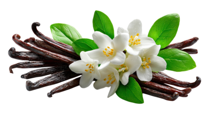 Vanilla Dreams: A sensory symphony of vanilla pods, blossoms, and leaves, inviting the viewer into a world of aromatic delight.
