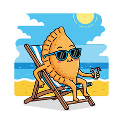 A charming empanada enjoys a beach vacation, , relaxing in a deck chair with sunglasses and a refreshing drink under the sun